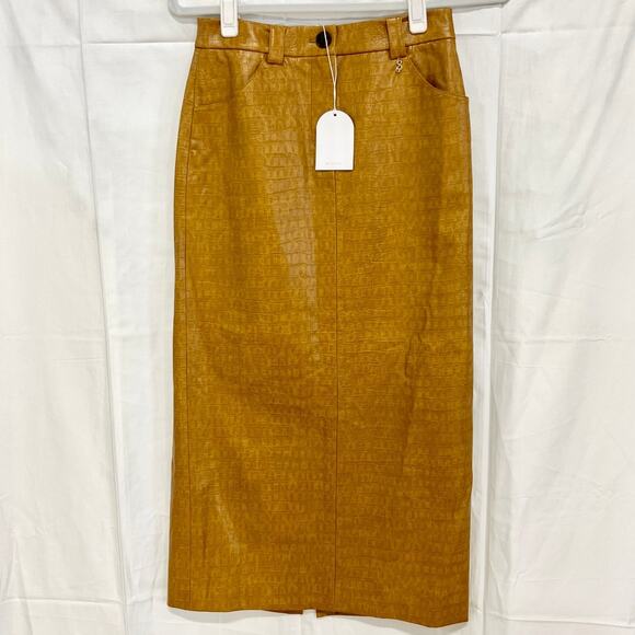 NWT Song of Style Marlon Croc-Embossed Faux Leather Midi Skirt Russet Brown XXS - Picture 2 of 7